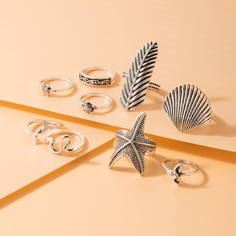 Vintage Jewelry Starfish Shell Ring Set Fishtail Feather Ring Nine-piece Set display picture 4