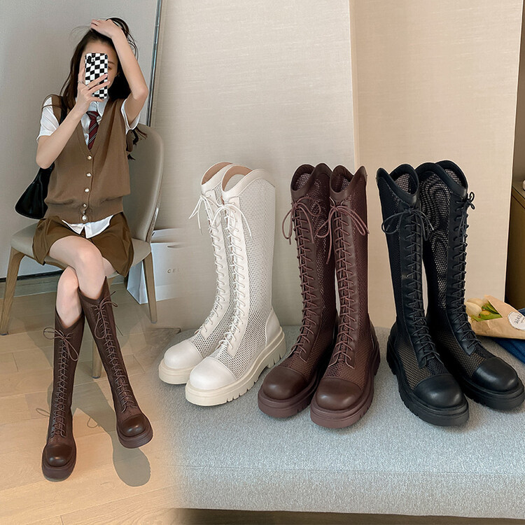 Boot lưới da thật cổ cao đế dày thoáng khí mùa xuân hè phong cách kỵ sĩ buộc dây — Màu nâu ống lớn, Màu đen cổ ống lớn, Ống nhỏ màu đen, Ống nhỏ màu be chi tiết 90