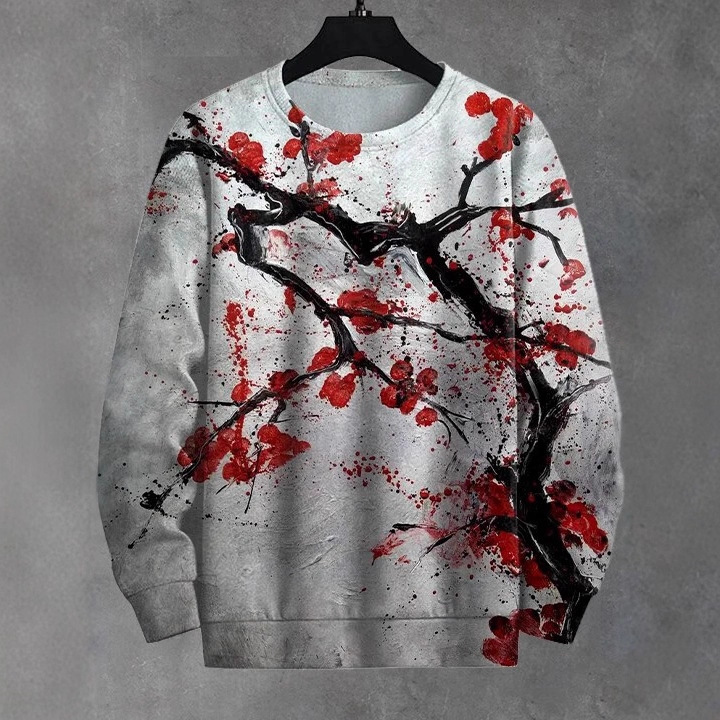 Fashion Men's Sweatshirts Japanese Landscape Ukiyo-E Crew Neck Pullover, Casual Outdoor Tops Regular Fit