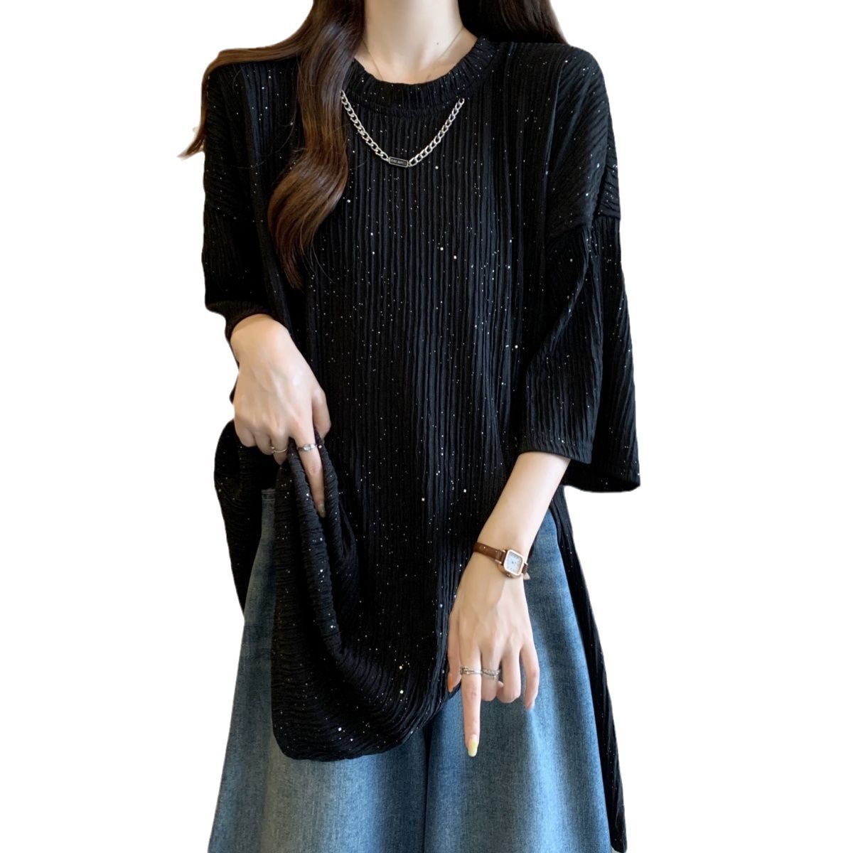 Camiseta de manga corta con cadena de lentejuelas de textura de gran tamaño para mujer verano nuevo estilo suelto y delgado top de longitud media para mujer