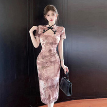 4982跨境外贸女装批发东南亚性感烫金钉珠连衣裙盘扣镂空改良旗袍