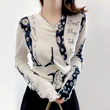 洋气薄款微透印花圆领羊绒针织衫女春季新款宽松百搭羊毛打底衫