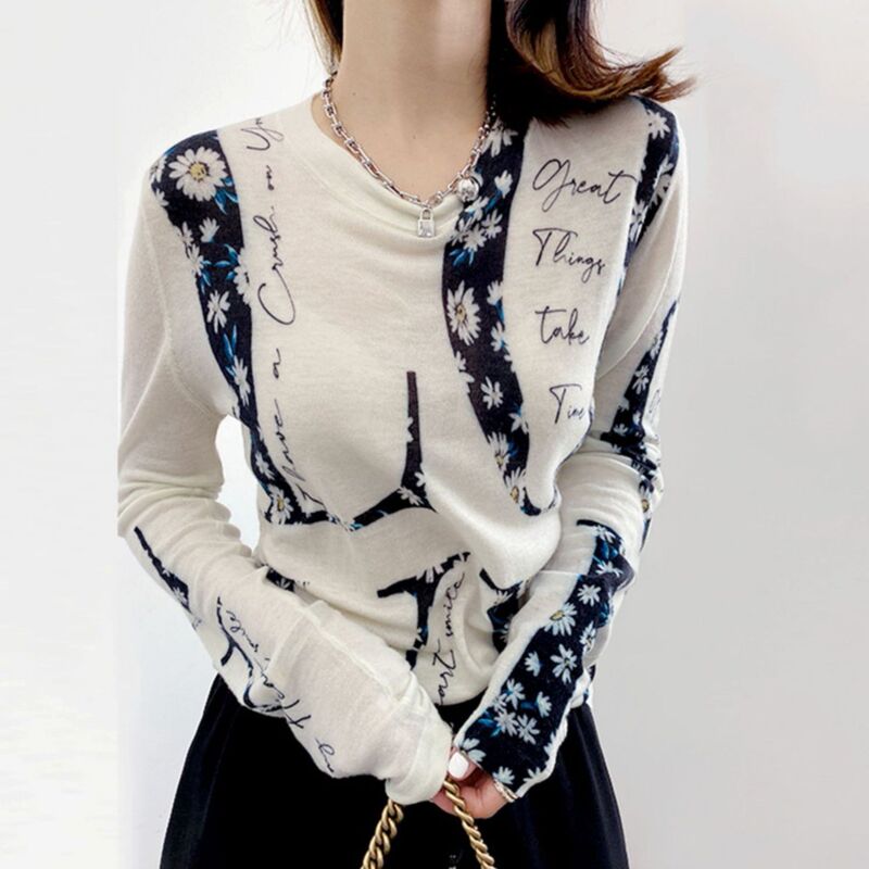 Western style thin printed round neck cashmere sweater Women's Spring New loose all-match wool bottoming shirt