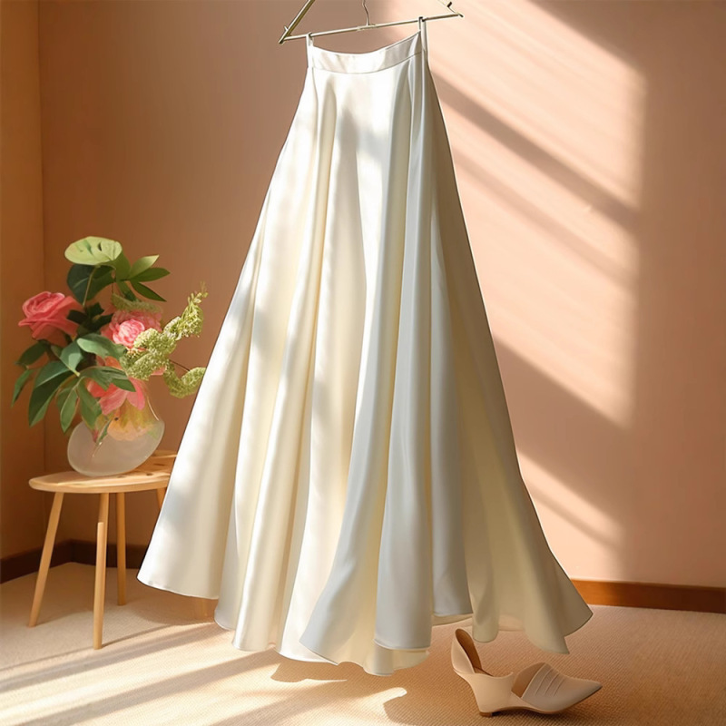 Cool White Style High Waist Dumped Slim A- line Umbrella Skirt for Small Women Light Luxury Satin Skirt for Spring