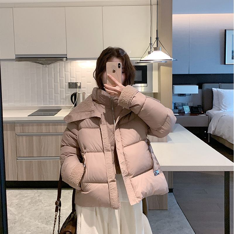 翻领羊羔毛羽绒棉服女加厚短款外套2025冬季新款棉衣收腰棉袄|undefined