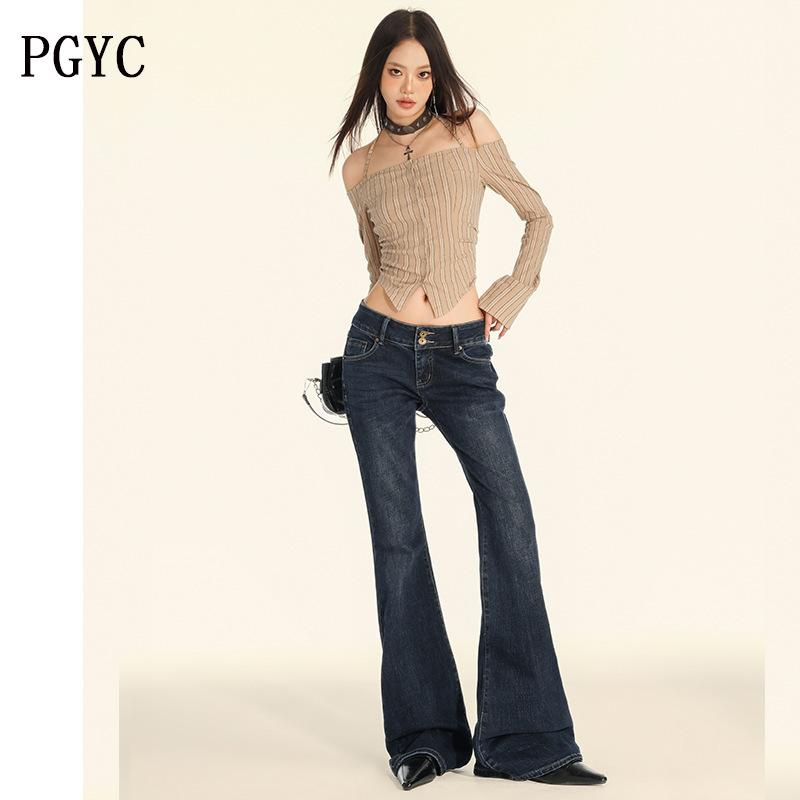 Denim blue-grey low-rise flared jeans, 2025 autumn/winter trendy versatile new style, double-button low-rise slimming flared pants