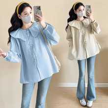 实拍新款孕妇宽松显瘦娃娃领气质潮妈时尚百搭上衣