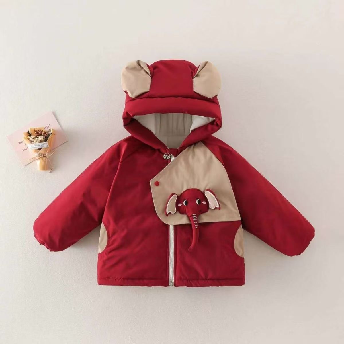 儿童外穿过年拜年棉服冬季婴幼冲锋衣保暖加棉连帽卡通安可拉红