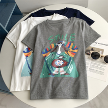 美式复古油画女孩短袖T恤女爆款宽松显瘦卡通印花正肩百搭上衣女