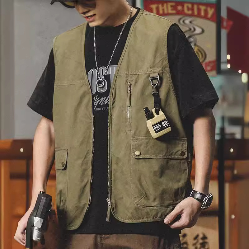 American Vintage Workwear Vest Men's 2023 New Mountain Outdoor Camping Jacket Coat Multi-Pocket Vest Vest