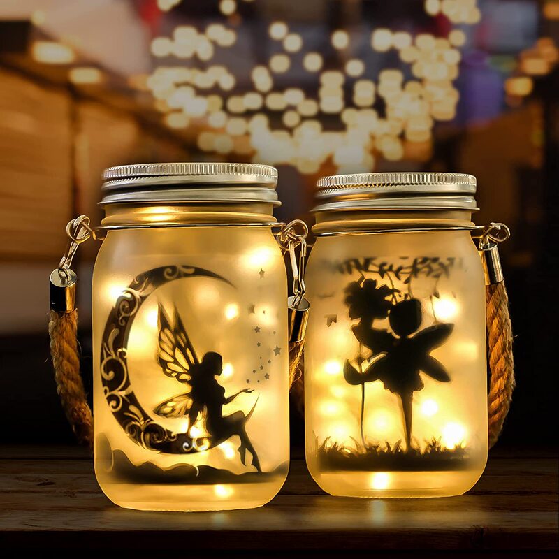Cross Border Hot Fairy Solar Mason Jar Light DIY Frosted Glass Jar Wizard Decorative Light Pattern Replaceable