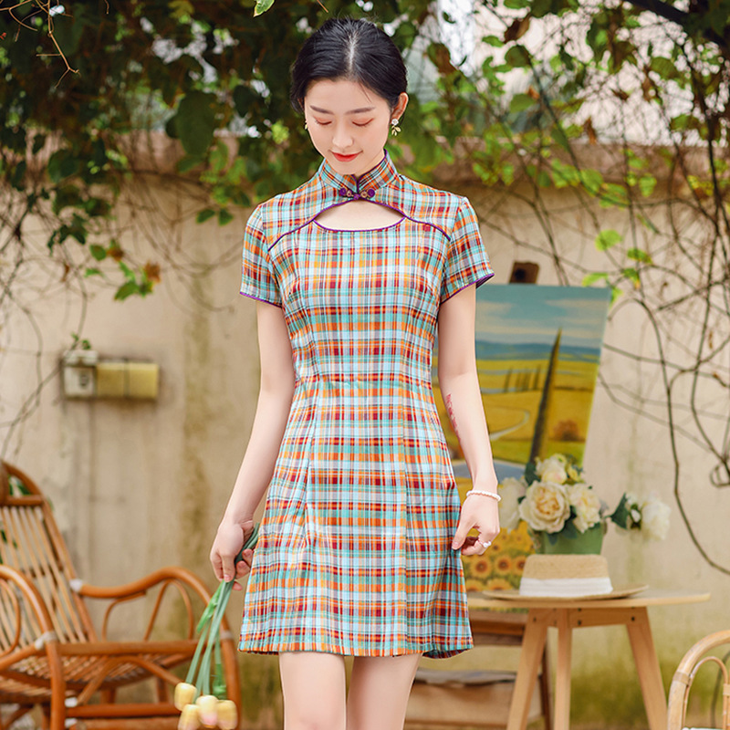 Spring and summer new pattern Polyester cotton Peach lattice girl cheongsam fashion Improvement modern Sweet Polyester cotton cheongsam goods in stock