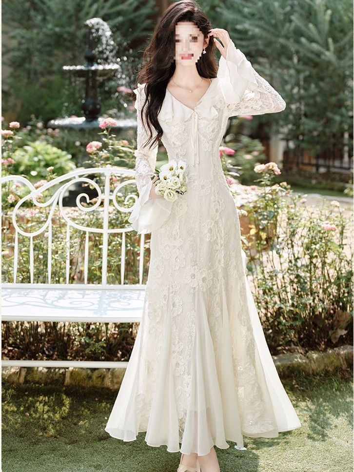 Autumn New Style French Gentle Style Lace Skirt Embroidered Collar Design Long-Sleeved Dress Fishtail Dress for Women