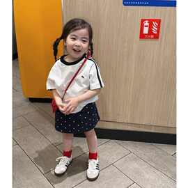 韩系女童撞色短袖T恤儿童夏装2025新款可爱卡通纯棉白色宝宝衣服