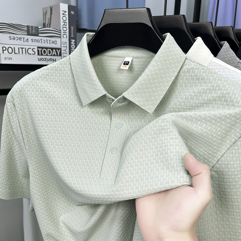 Popular Dropshipping Men's Ice Silk Polo Shirt with Hidden Jacquard Pattern, Breathable, Seamless, Business Casual, Turn-Down Collar, Short Sleeve