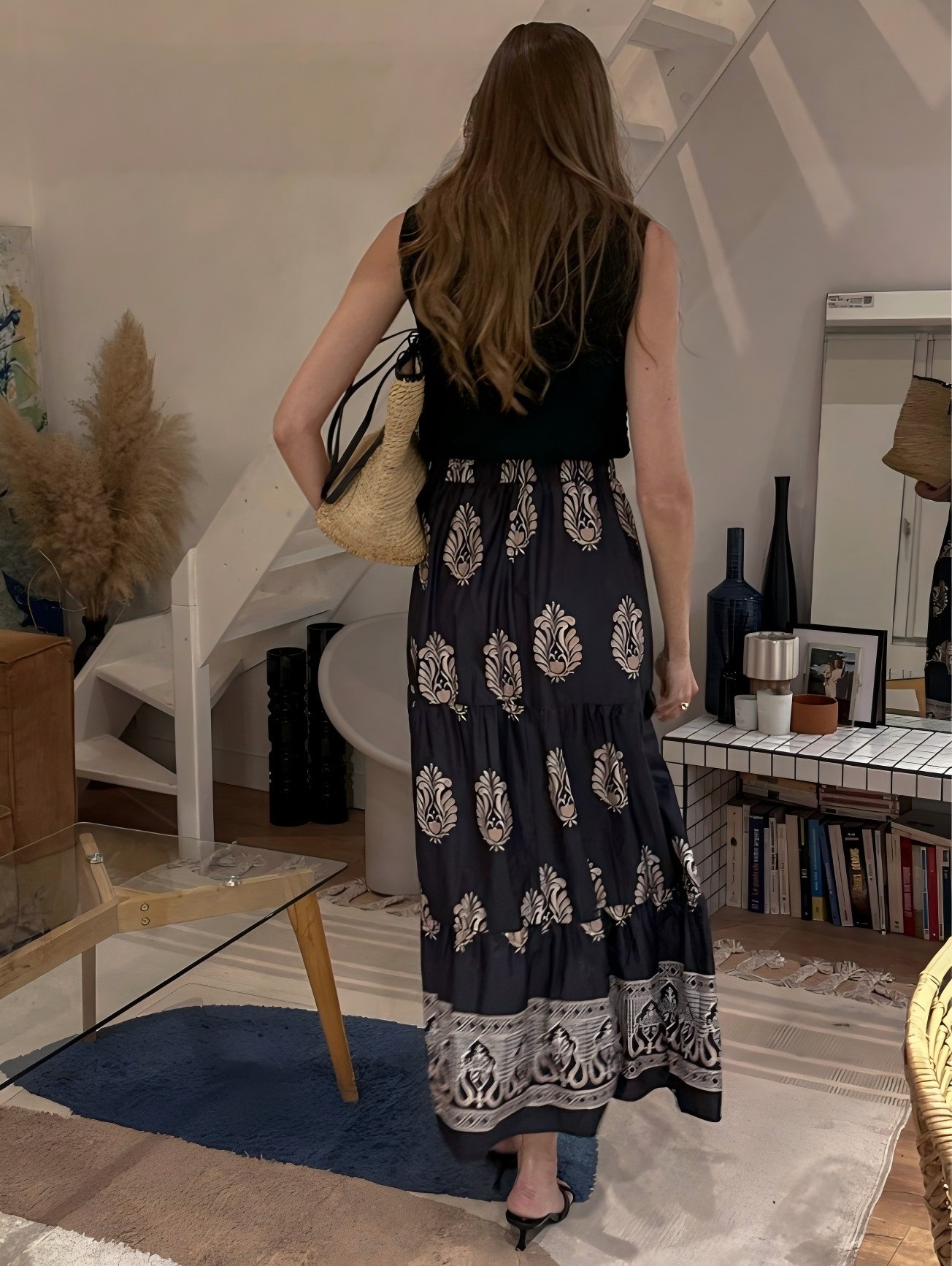 Bohemian Style Women's Spring And Summer High-waisted Printed A-line Skirt, Casual Beach Vacation Floral Long Skirt_ecoleips.com