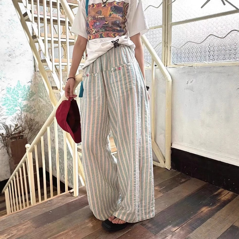 I Have a Cat Outside "Mint Mambo" Niche Lake Green Lazy and Relaxed Stripesd Cotton and Linen Casual Pants