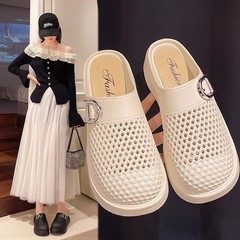 女性用の新しいアウターパンプス、女性用中空滑り止め厚底つま先ハーフスリッパ、夏用スリッポンサンダル