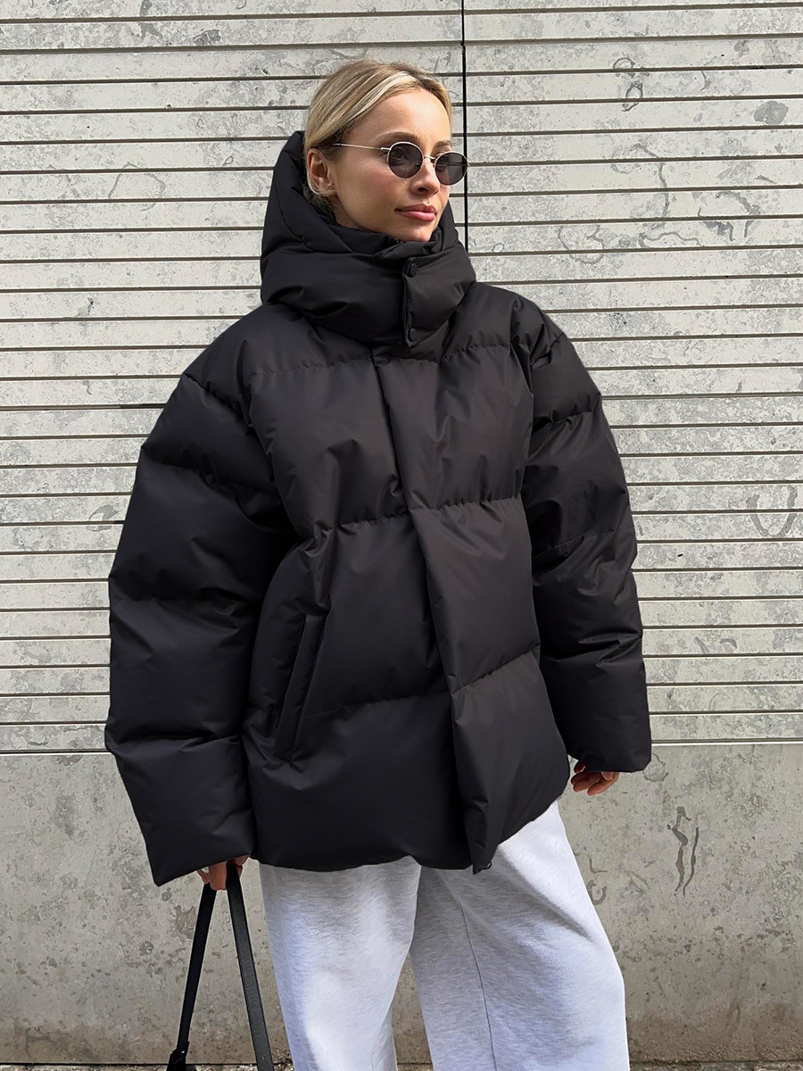 Chaquetas acolchadas de algodón transfronterizas para mujer, invierno 2025, nuevo estilo europeo y americano, chaquetas acolchadas holgadas de color sólido, abrigos de algodón con capucha. image 3