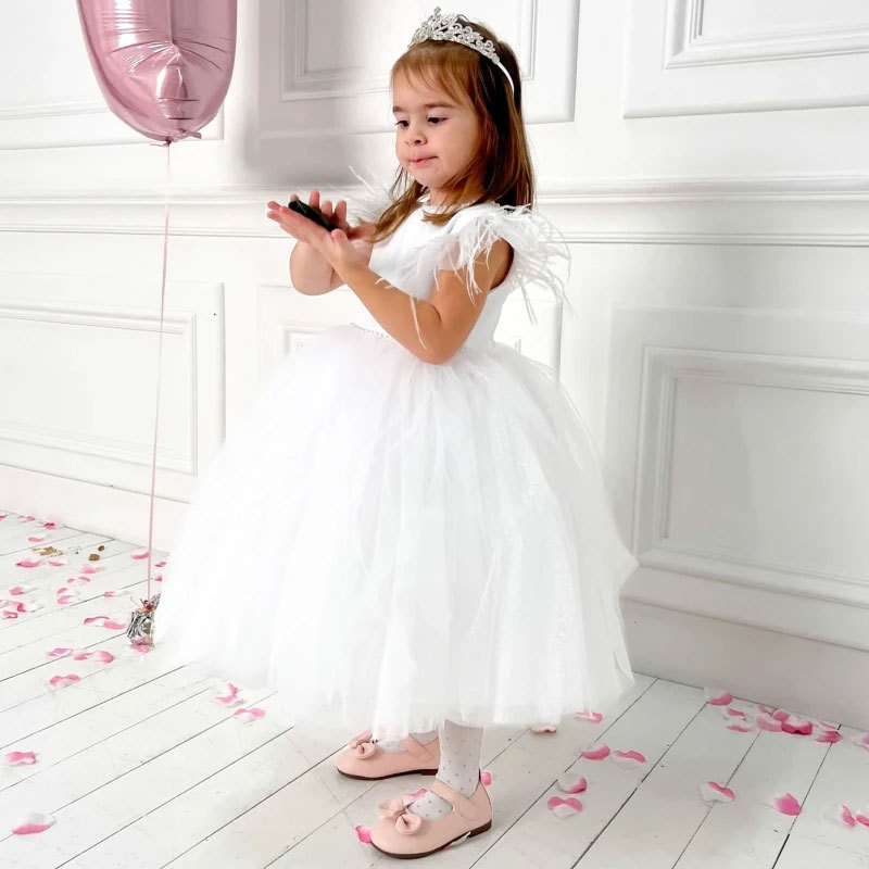 Abito da principessa per bambine Mother & Kids con maniche in tulle effetto piuma, costume da spettacolo, abito formale per bambina, abito da damigella d'onore._voghion.com