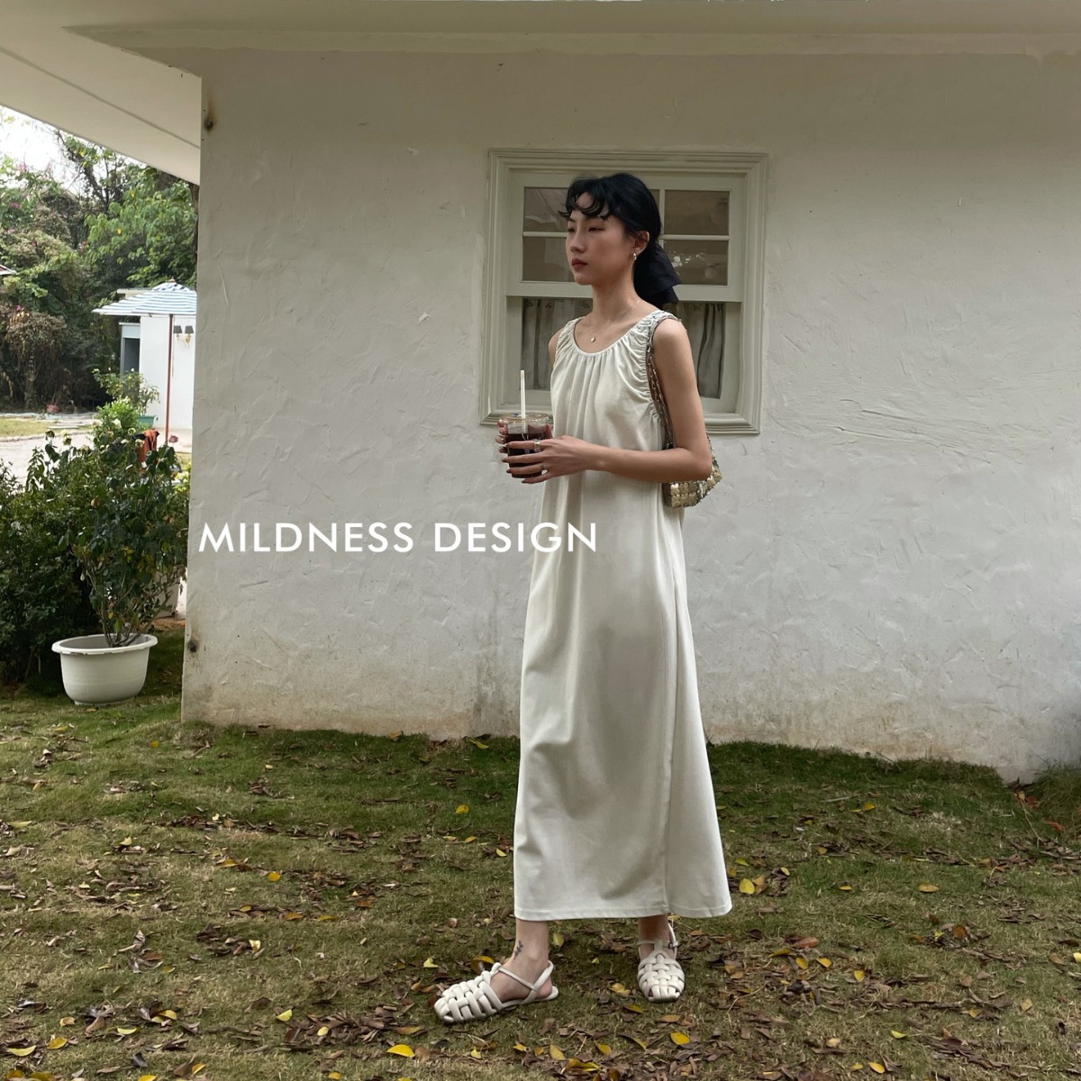 MILDNESS DESIGN E1515#2024春季新款韩版简约纯色无袖吊带连衣裙