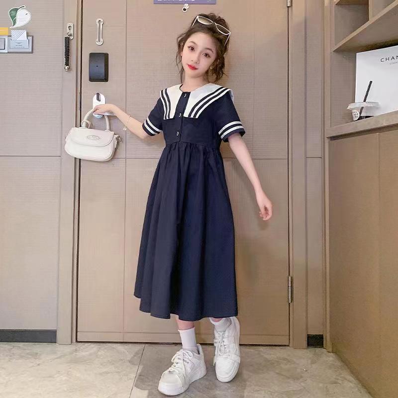 Girls' Skirts Summer 2024 New Style Girls' Long Skirts Preppy Style Collar over the Knee Primary School Students' Dresses Other