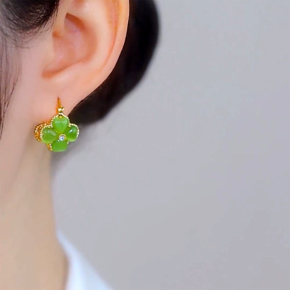 Серьги с двухсторонней четырехлистной клевером и глазом кота, медная позолота, зелёный или белый