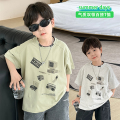 男童夏裝2024兒童雙領印花T恤中小童夏季薄款休閒短袖寶寶舒適T恤