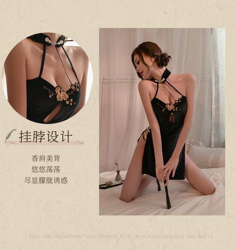 Plus Size Chinese-Style Cheongsam Lingerie, Halter Neck Backless Embroidered Babydoll Pajama — detail image 6