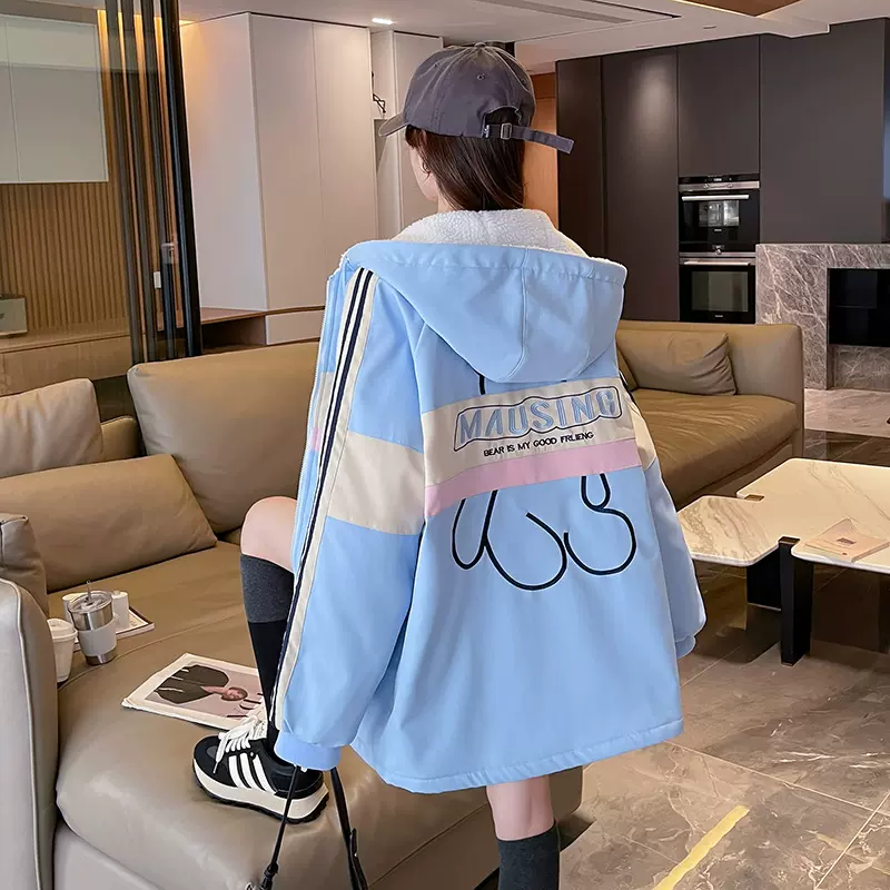 加绒加厚少女冬款初中学生修身风衣中长款高中女孩外套可爱卡通