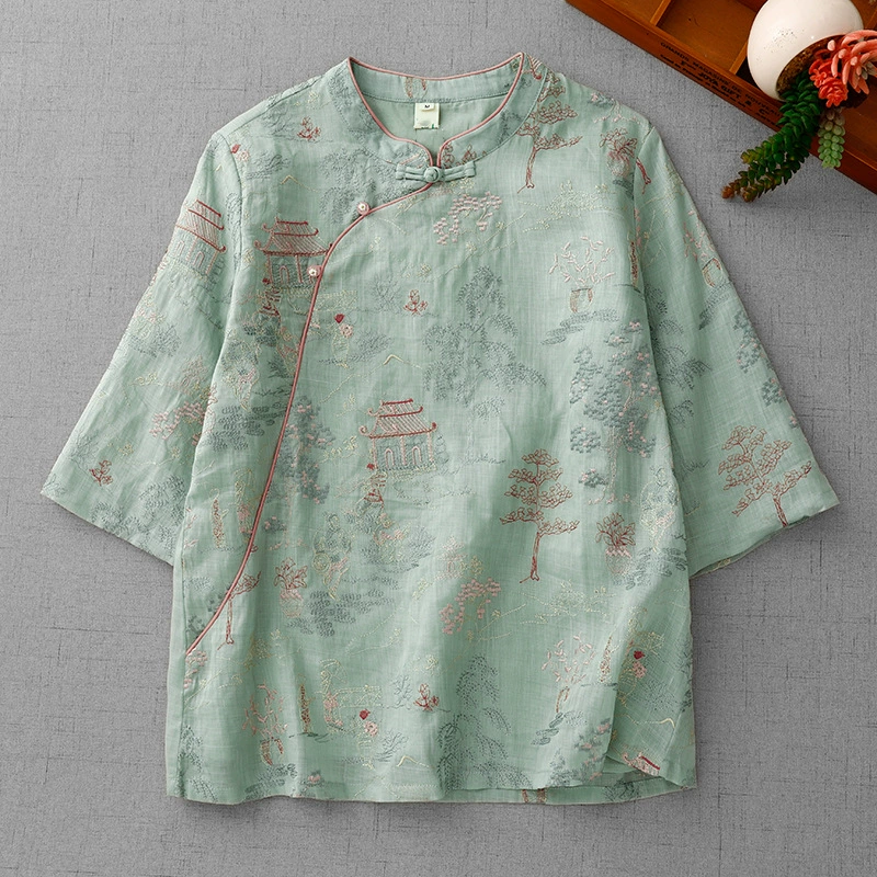 Реальная съемка нового китайского стиля улучшенная рубашка женская шикарная тяжелая промышленная вышивка ретро короткая рубашка с рукавами