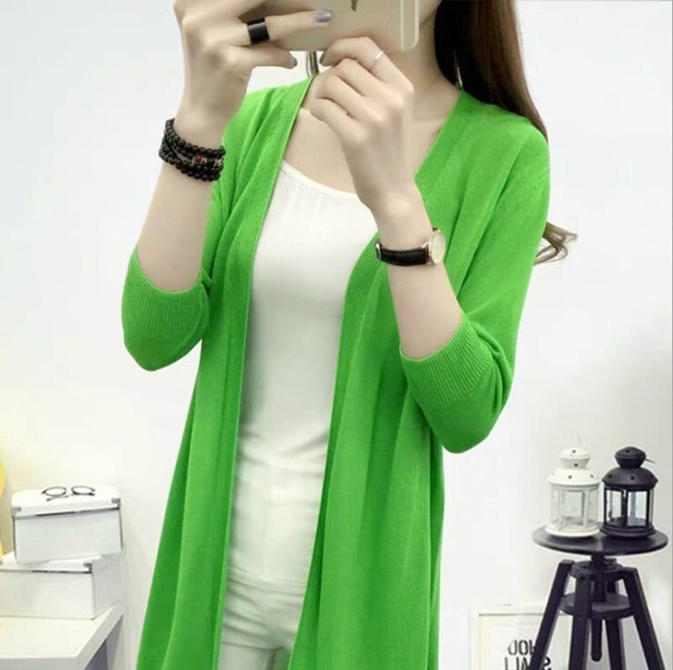 Summer Thin Ice Silk Cardigan for Women, Three-Quarter Sleeve Knitwear, Mid-Length Cut Out Large Size Loose Jacket, Air-Conditioned Shirt