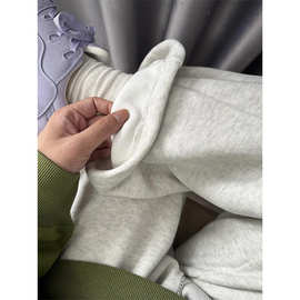 美式白灰色奥粒绒运动卫裤女秋冬加绒新款小个子宽松直筒休闲裤子