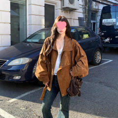 麂皮绒机车外套秋季复古美拉德休闲宽松慵懒翻领廓形感夹克女
