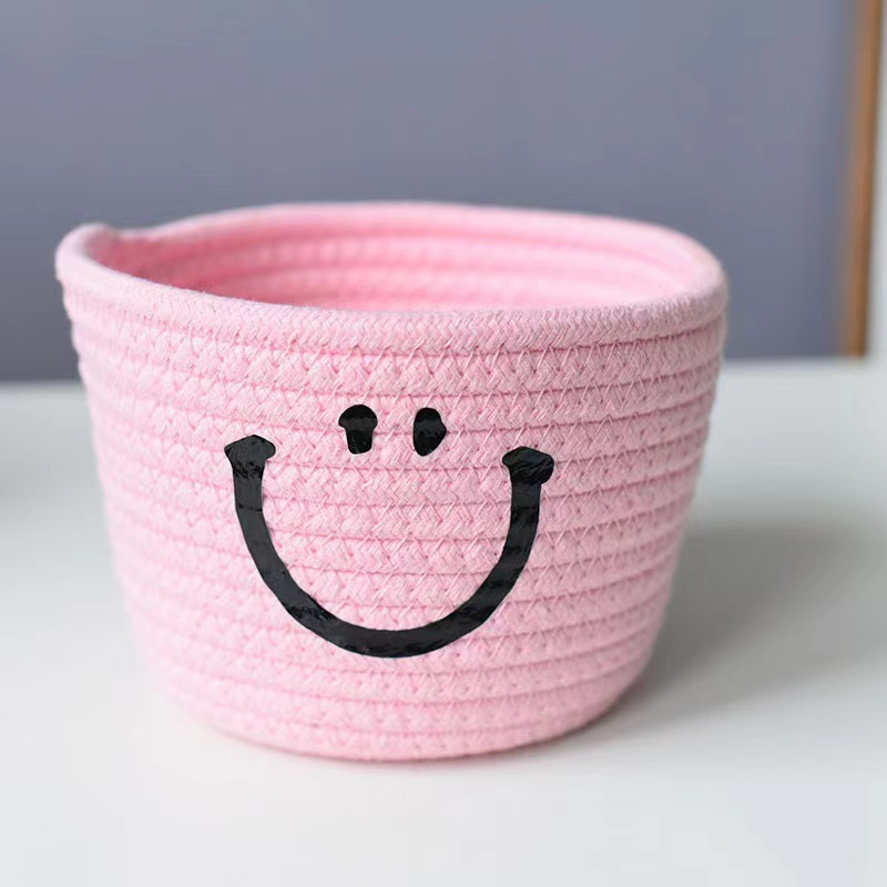 Smiley Face Cotton Rope Woven Desktop Storage Basket, Cotton Rope Handmade Cross-Border Bedside Miscellaneous Organizer Box