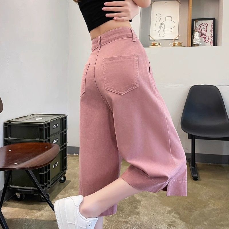 2024 Summer New Wide Leg Loose Jeans Women's plus size All-match Capri Pants High Waist Slimming Straight Pants