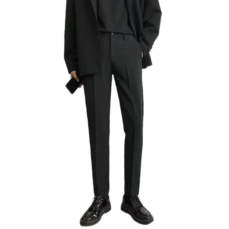 Летний костюм, черные мужские длинные тонкие штаны, slim fit, плюс размер, свободный прямой силуэт