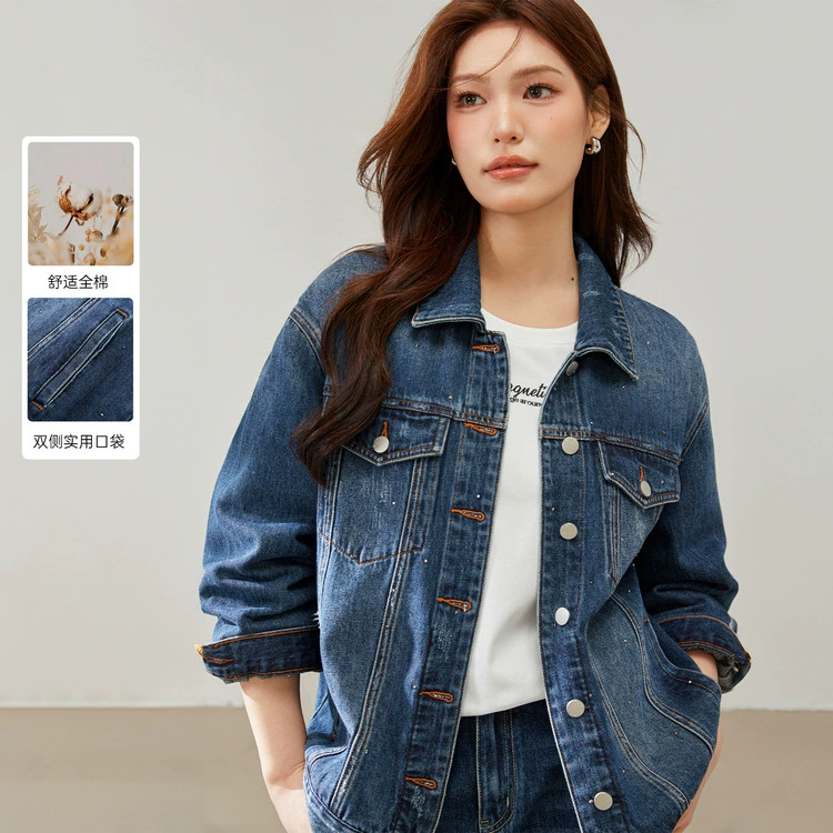 [Модное горячее бриллиантовое джинсовое пальто с лацканом] Funny Show большой размер женский толстый mm2025 весенний новый