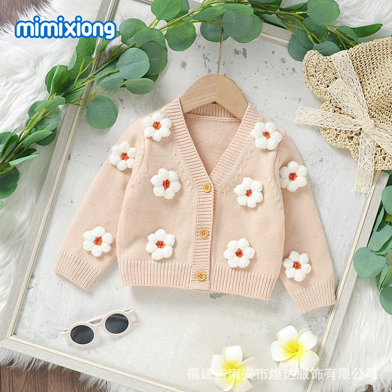 ins ホットセール子供用かわいい手作り立体花ニットカーディガン|undefined