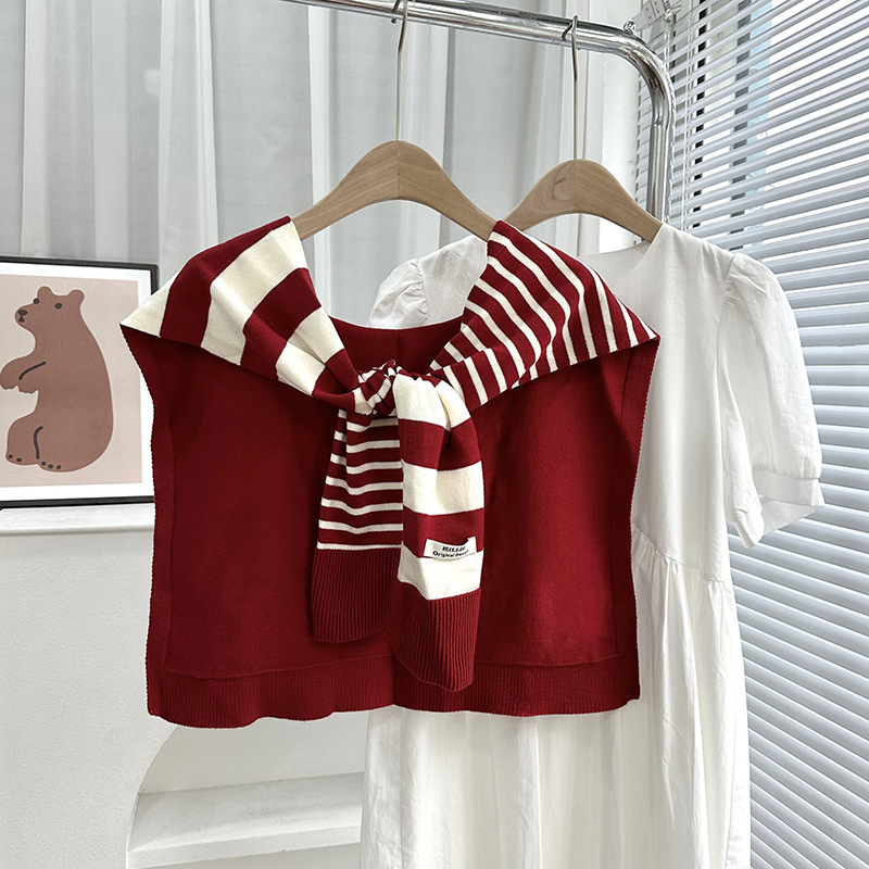Primavera y otoño tejido a rayas cruzadas pequeñas sopales de cuello decoración delgada hombro de collar falso cardigan nudo