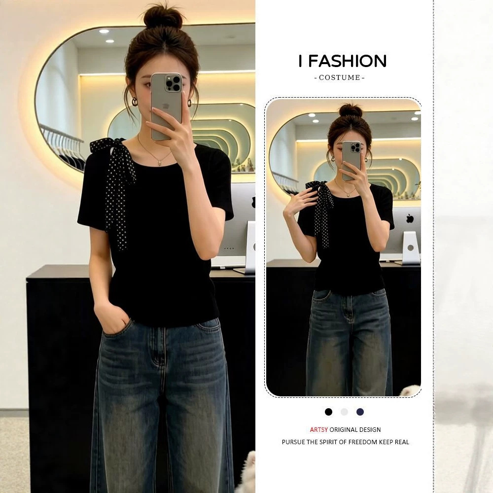 French-Style Unique and Beautiful Short-Sleeve T-Shirt for Women, 2026 Summer New Slim-Fit, Flattering, Asymmetrical Neckline Top, Trendy