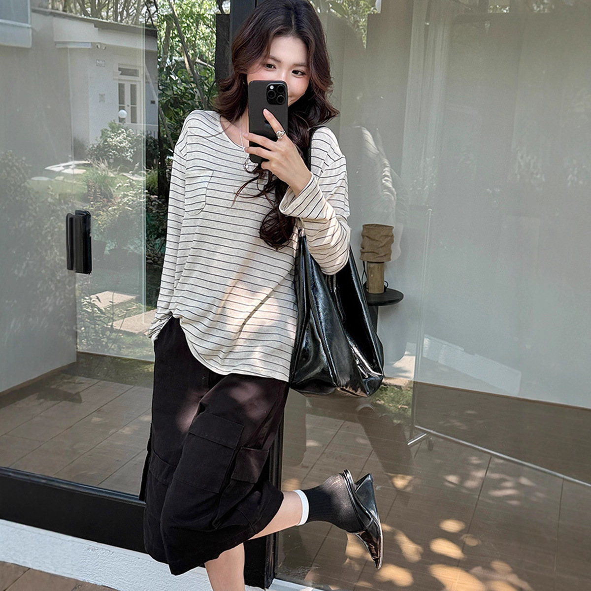 Shunenliangpin Spring and Autumn Silk Linen Base Shirt New Round Neck Loose Long Sleeve Slightly See-Through Pocket Lyocell Blouse