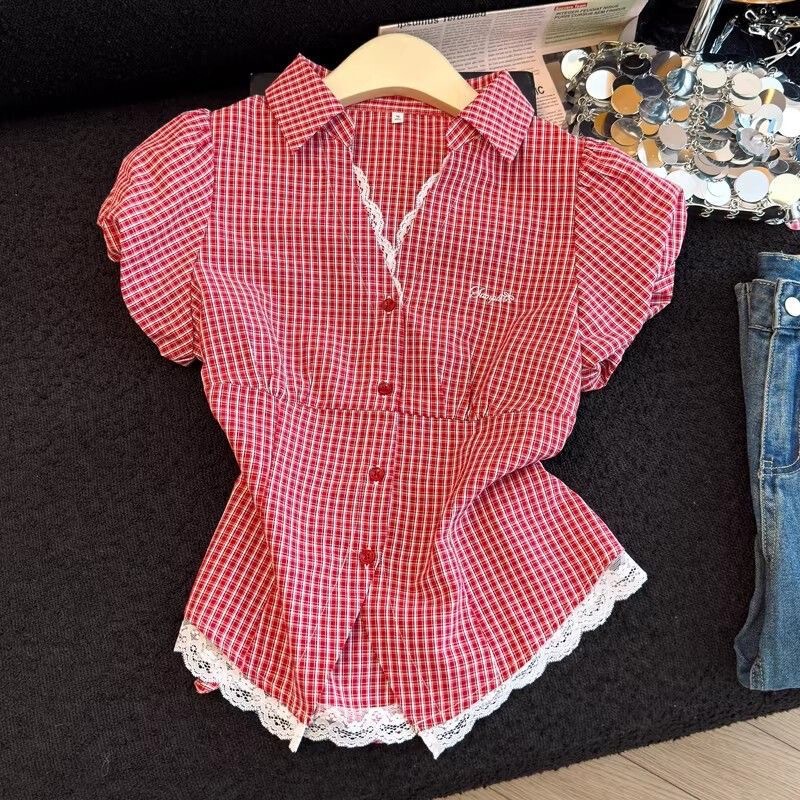 Red Lace Spliced ​​Short-Sleeved Plaid Shirt Women's Top 2026 Summer New Style Super Nice V-Neck Shirt for Women