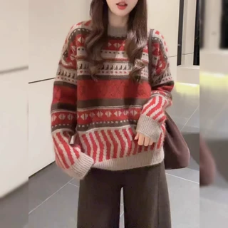 韩系复古提花费尔岛毛衣女秋季新款洋气上衣慵懒风宽松打底针织衫