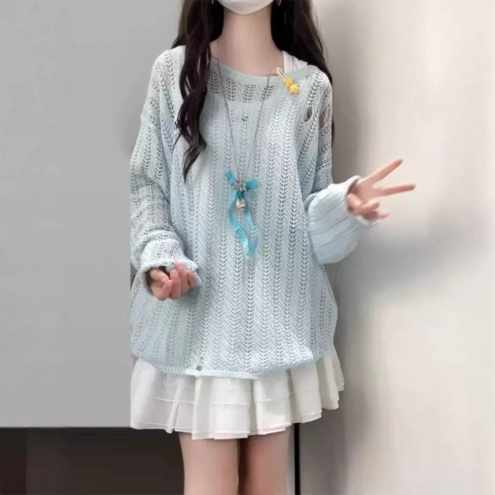 薄款镂空针织衫破洞夏季宽松慵懒风休闲圆领外搭上衣女显瘦短袖