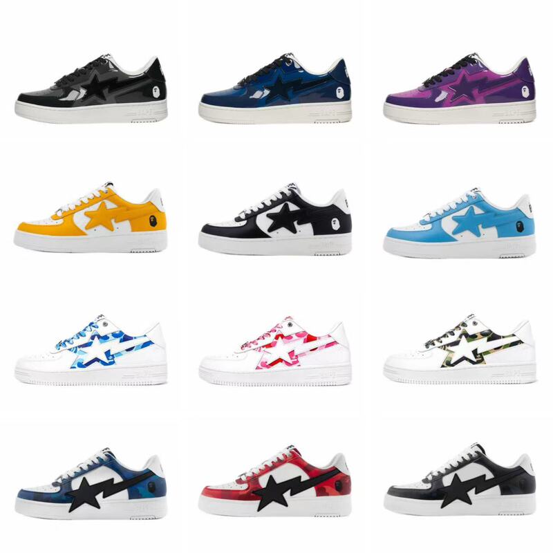Bapestalow's New Self-Designed Low-Top Trendy Casual Sports Sneakers with Green, Blue, Pink Camouflage and Black and White Leather