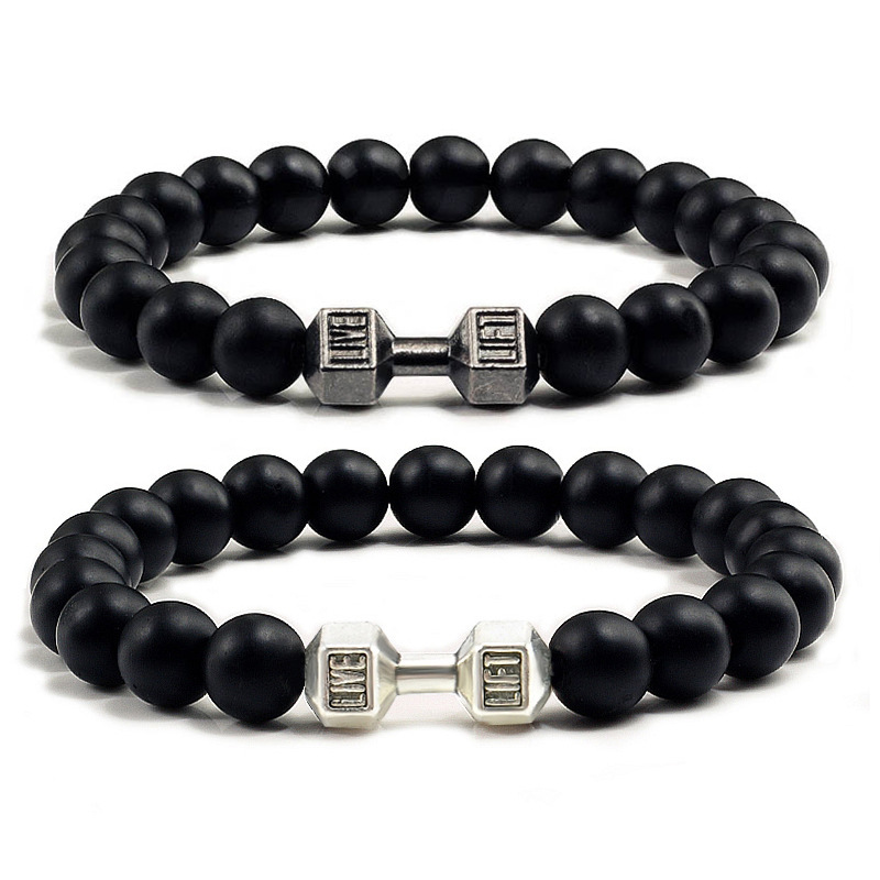 Cross-border Yiwu Jewelry 8mm Turquoise Yoga Energy Bracelet Volcanic Stone Frosted Beaded Alloy Dumbbell Chain Bracelet Cross-border Yiwu Jewelry 8mm Turquoise Yoga Energy Bracelet Volcanic Stone Frosted Beaded Alloy Dumbbell Chain Bracelet