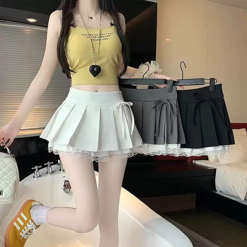 2025夏季新款甜美纯欲风百褶半身裙蕾丝拼接高腰半裙防走光超短裙