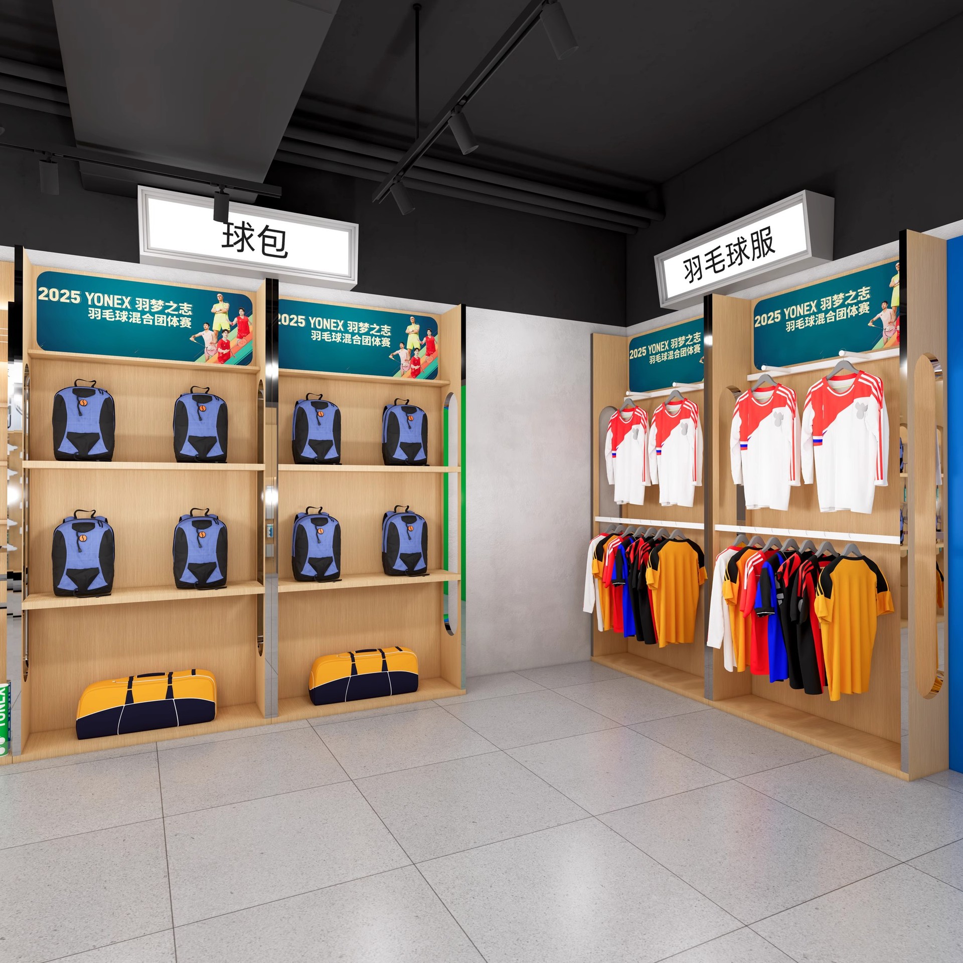 Tienda de bádminton, estadio de bádminton personalizado, estante de exhibición de tenis, raqueta, zapatos, estante de exhibición