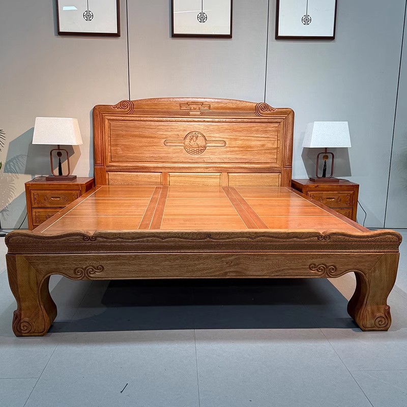 新中式海棠木实木床主卧1.8米双人床古典雕花卧室1.5米仿古实木床